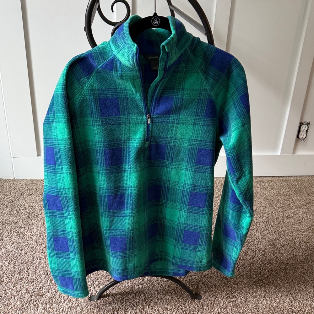 Eddie Bauer Teal and Navy Plaid Quarter-Zip Pullover Fleece